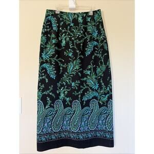 Briggs New York Black Blue Teal Floral Paisley Flower Maxi Skirt Slit Womens 10